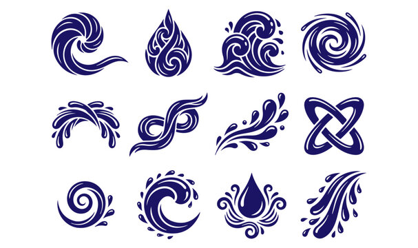 Minimalist Aqua Drop Line Art and Fluid Wave Symbols