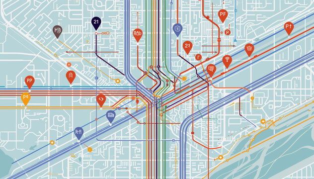 Abstract visualization of a complex transportation network with multiple routes and marked locations.