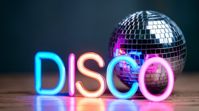 Glowing DISCO typography and reflective mirror ball illuminating a vibrant retro party scene