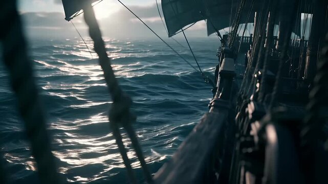 Europe medieval lifestyle. A dramatic portrayal of a sailing ship navigating rough seas at sunset. The ships rigging is visible, with ropes and masts, and the sails are billowing in the wind.