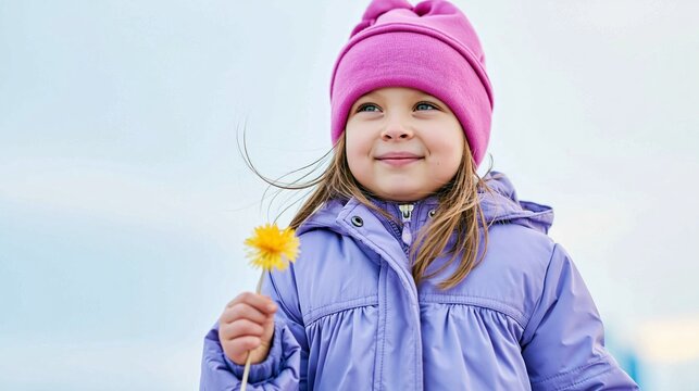 Preschooler smiling in a warm purple jacket and pink hat holds a yellow flower, exploring nature, dreaming