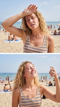 
Two photographs. A woman on a sunny beach&mdash;suffering from the heat or enjoying the cool air; two vertical portraits, shot outdoors. Summer vacation, beauty and lifestyle, seaside atmosphere, travel.