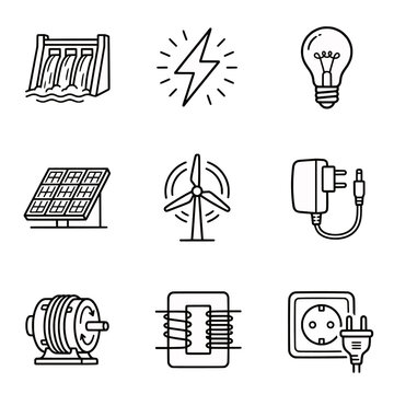 Black energy icons lightning bolt, solar power, wind turbine, green, light bub transparent background