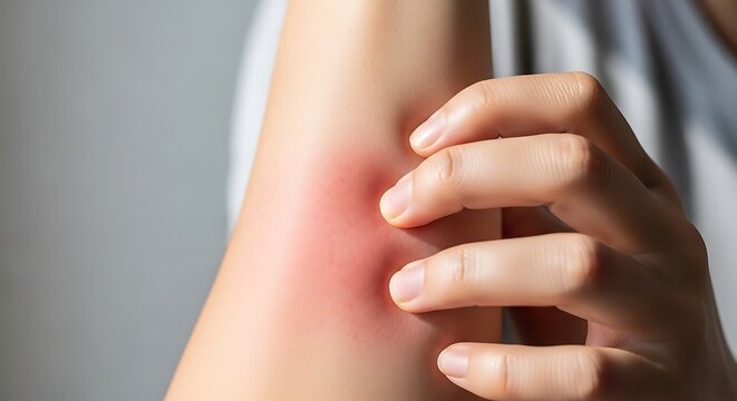 Person scratching red, inflamed skin due to an allergic reaction or insect bite.