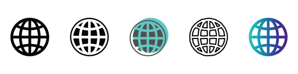 Obraz premium A set of five distinct globe icons, each with a unique style and color palette, symbolizing worldwide communication and digital networks