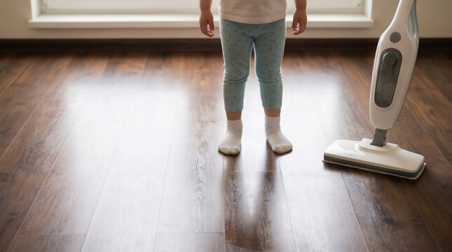 A child's feet in white socks on a clean floor. The floor has been cleaned with a steam mop. The mop stands on the clean floor. No allergens; a comfortable, cozy interior. A healthy lifestyle.
