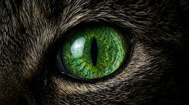 Close up macro green cat eye with detailed iris texture and reflection