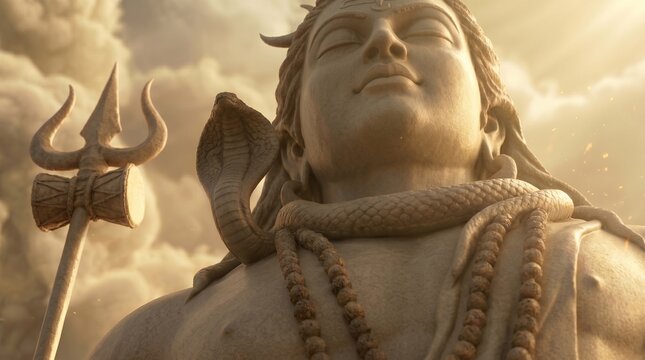 Close-up of a stone statue of the Hindu god Lord Shiva, with a cobra and trishula in golden light