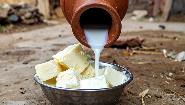 Fresh buttermilk and butter pouring from a traditional clay pot into a metal bowl, rural South Asian lifestyle
