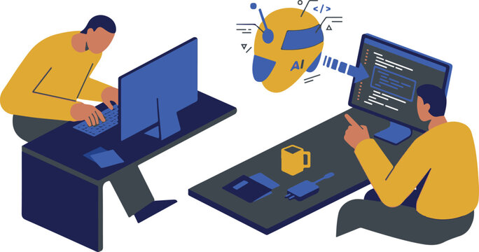 Software developers and programmers training artificial intelligence model, software engineers coding with AI robot assistant on computer screens vector illustration