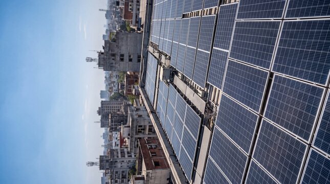 Rooftop solar panels array in dense urban cityscape under blue sky