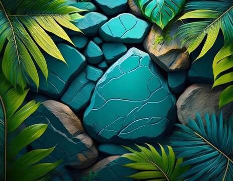 abstract stone background with tropical jungle leaves rainforest stone texture with exotic green foliage border bluish rock formations framed by lush tropical leaves
