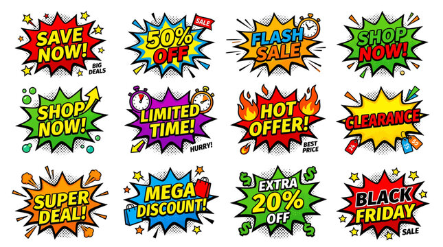 Vibrant Discount Labels Displayed on a White Background for Shopping Promotions