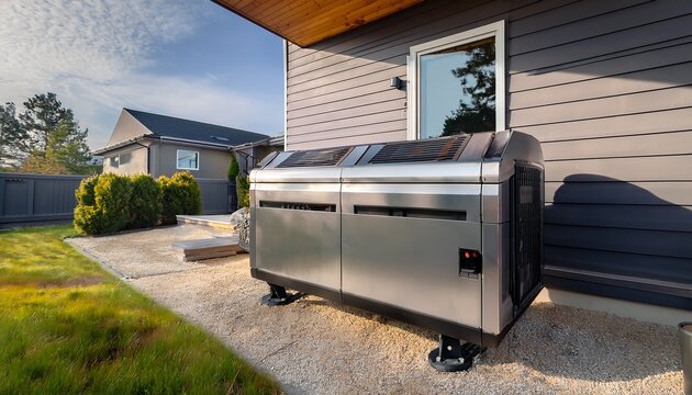 a modern stainless steel residential standby generator installed on a house exterior wall with a sleek and compact design