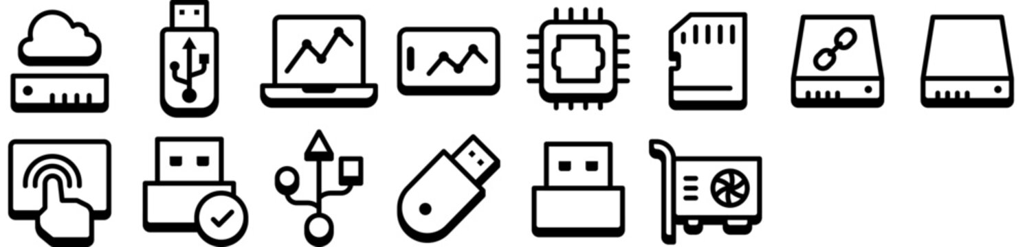 Computer Hardware Icon Set including: hard drive, device, data, storage, memory, usb, disk, card, processor, gadget icons. 