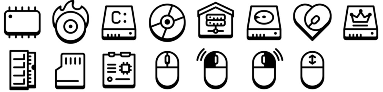 Computer Hardware Icon Set including: mouse, device, hardware, storage, memory, disk, heart, gadget. Vector icons collection. 