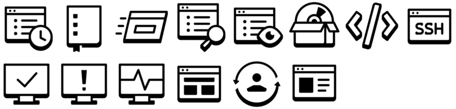 Coding icon set including code, software, system, development, programming, web, html, computer, properties, command, display, list, source icons.