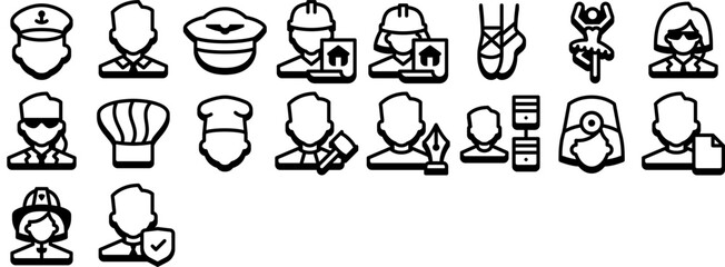 Set of Occupations icons. Bodyguard, devops, cook, architect, doctor, designer, ballerina. Professions icon sheet. © Icons8