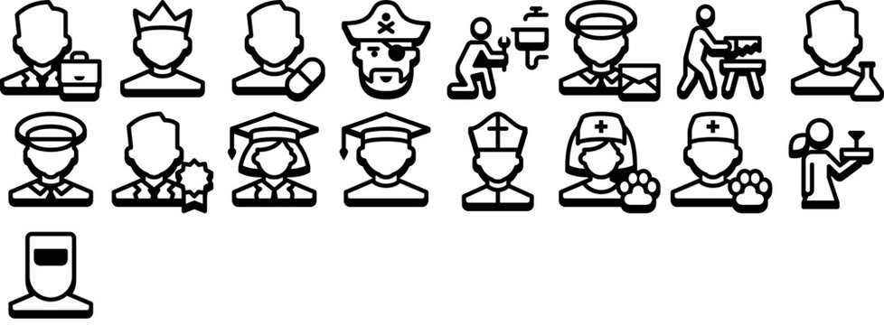 Set of Occupations icons including security worker, scientist, veterinarian, moderator, waitress. Professions icon sheet.