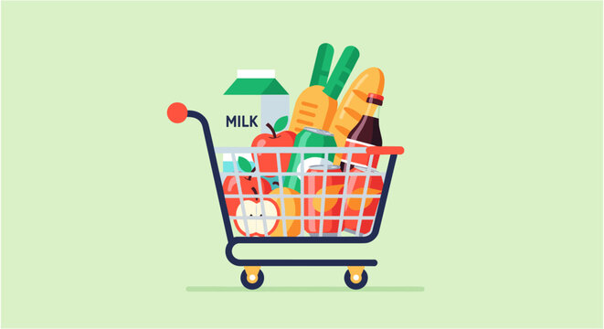 Colorful grocery shopping cart with fresh produce and packaged goods in bright lighting for e-commerce