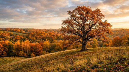 Fototapeta premium Scenic Autumn Landscape with Vibrant Tree and Rolling Hills.