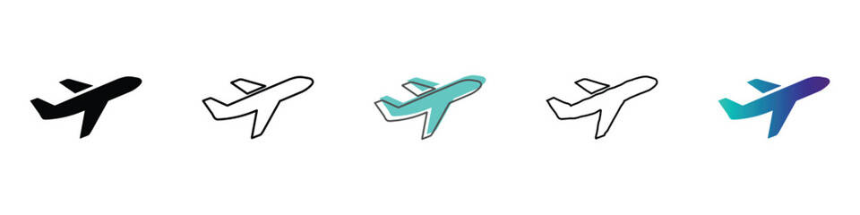 A set of five distinct airplane icons, showcasing different artistic interpretations and color palettes for aviation and travel themes © Vova7