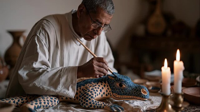 Oaxacan alebrijes master painter working by candlelight on an intricate carved wooden creature, fine brushwork applying symbolic animal motifs that represent spiritual guides