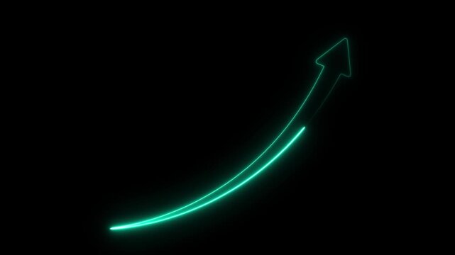 Cyan Neon Growth Arrow Animation Moving Upward on Black Background, Business Success, Financial Profit Increase, Career Progress and Positive Economic Trend Concept Motion Graphic.