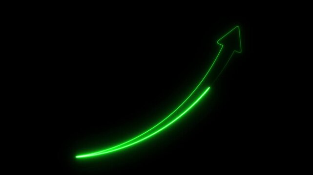 Green Neon Growth Arrow Animation Moving Upward on Black Background, Business Success, Financial Profit Increase, Career Progress and Positive Economic Trend Concept Motion Graphic.