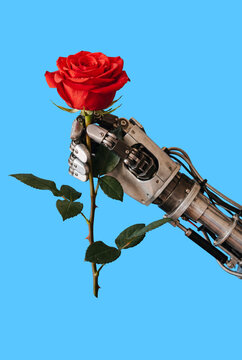 A robotic hand holding a red rose. Concept of  emotional machines. Blue background. AI generated.