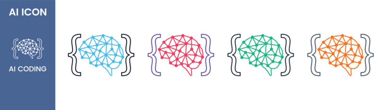 AI coding outline icon set with brain neural network inside curly brackets for artificial intelligence programming or automated software development concept, Vector illustration