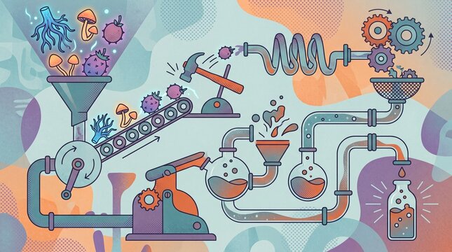 Whimsical rube goldberg machine illustration processing adaptogenic ingredients into wellness soda