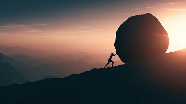 Person pushing a giant boulder uphill, symbolizing effort, challenge, and perseverance against a dramatic sunset sky