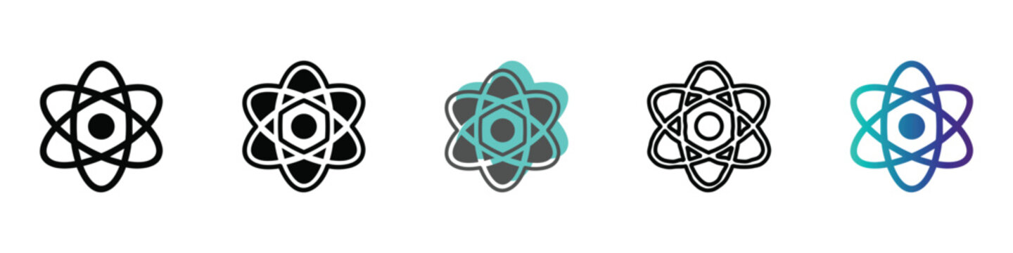 A collection of five distinct atomic symbols showcasing creative designs and color variations