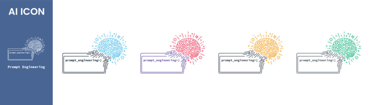 AI prompt engineering outline icon set with command terminal box and digital brain for artificial intelligence LLM generative text input concept, Vector illustration