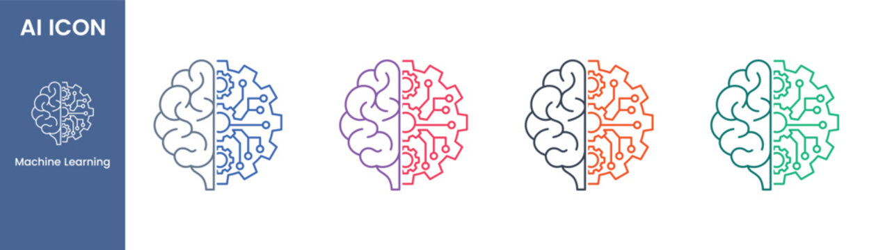 Machine learning outline icon set with half human brain and half digital circuit gear for artificial intelligence or cognitive computing concept, Vector illustration