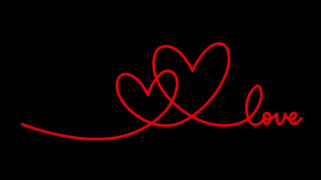 Continuous one line drawing hearts symbol embracing minimalism design of love text on black background. Romantic relationship concept for wedding and Valentine's day card celebration.