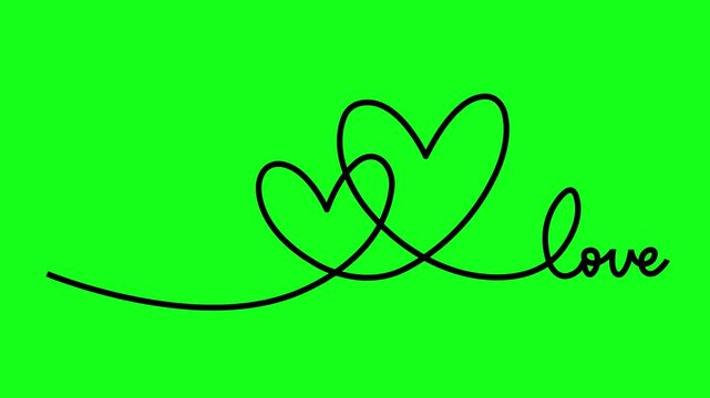 Continuous one line drawing hearts symbol embracing minimalism design of love text on green background. Romantic relationship concept for wedding and Valentine's day card celebration.