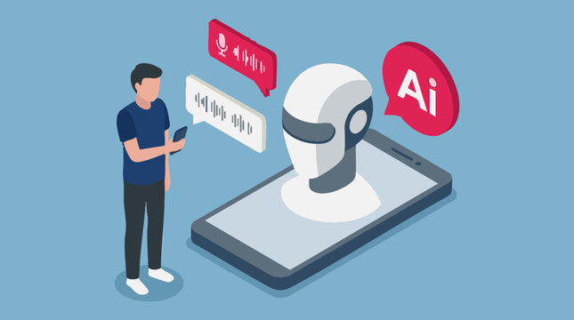 Isometric illustration of person using voice AI assistant on mobile phone