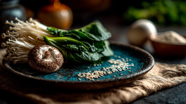 Asian vegetables and enoki mushrooms arranged on rustic ceramic plate with bok choy, still life