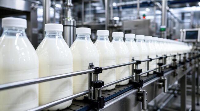 Milk Bottles Moving on Automated Production Line in Dairy Factory