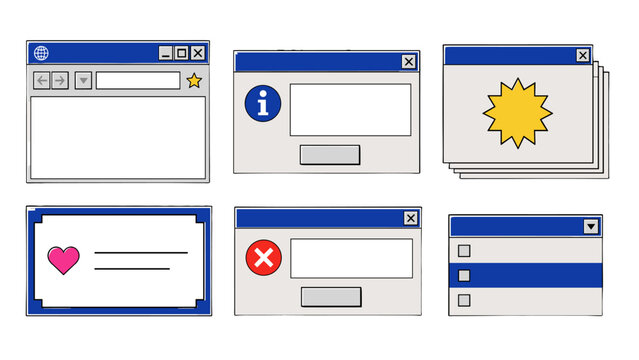 Retro computer interface windows and dialog box vector set