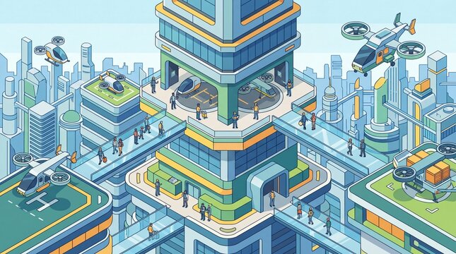 Futuristic vertical skyport hub with vtol aircraft and passengers on skybridges