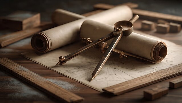 Antique Brass Proportional Divider with Vintage Drafting Blueprints for Architectural Design