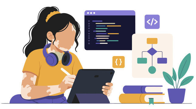 Female Programmer Working on Laptop at Desk.