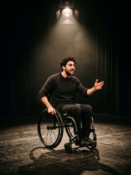 Man in wheelchair acting on stage. Actor performing monologue under spotlight in theater. Inclusion and diversity in performing arts. Emotional expression and talent display concept.