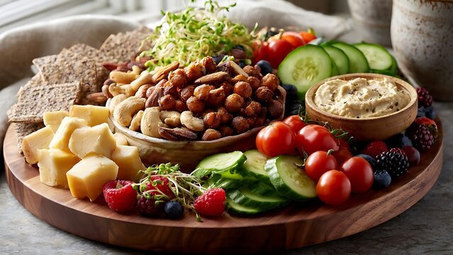 Healthy Protein Snack Board with Cheese Chickpeas Vegetables and Hummus