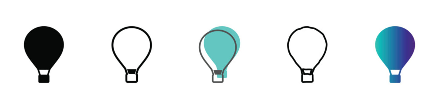 A set of five distinct hot air balloon graphic representations, showcasing different artistic approaches and color palettes for versatile design use