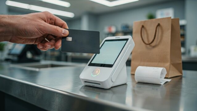 Hand paying with contactless credit card at a cafe counter terminal, NFC payment concept