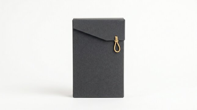 Minimalist dark grey rectangular gift box with a gold string closure isolated on white background